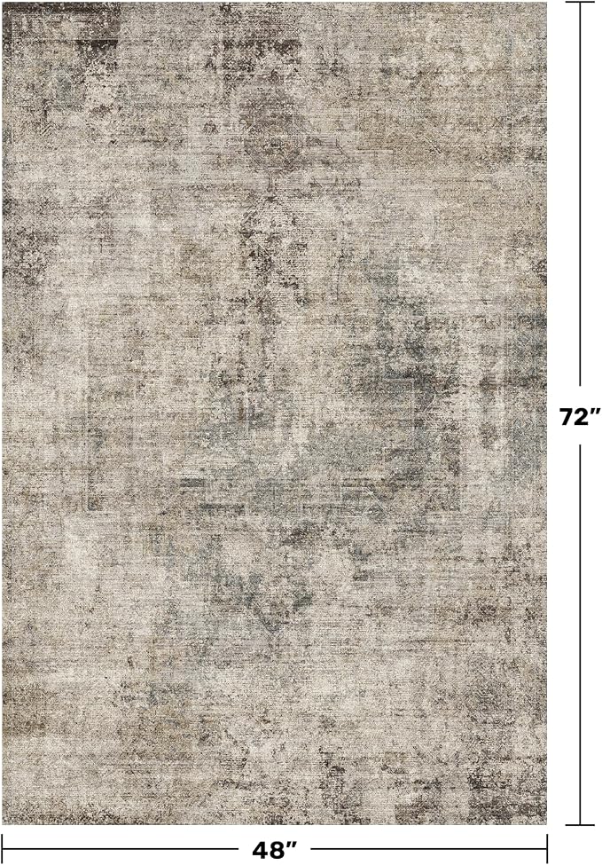 Washable 4x6 Rug for Small Living Room, Area Rug for Kitchen, Bedside, Large Entryway Indoor - Stain Resistant Non Slip with Rubber Backing, Unique Floral Aesthetic Décor, Taupe