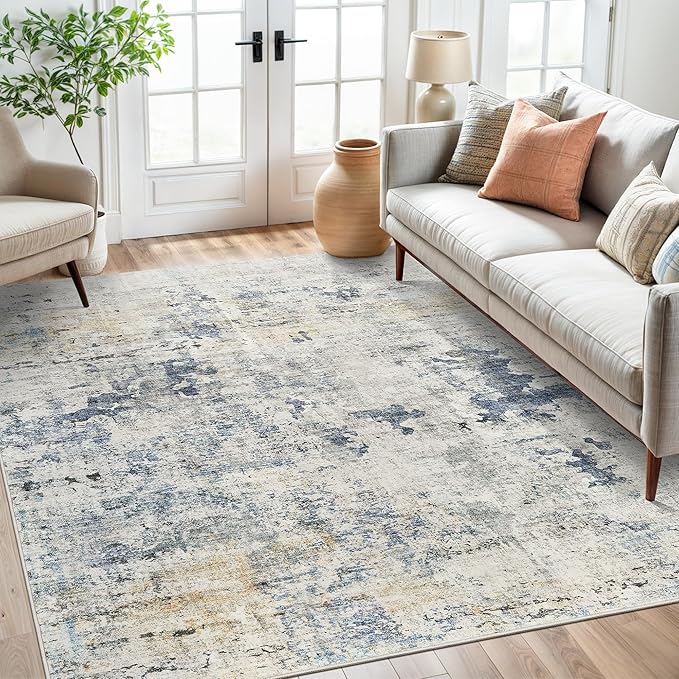 Soalmost Abstract Rug 5x7 Machine Washable Area Indoor Blue Yellow Low Pile Non-Slip Foldable Thin Accent Rugs for Bedroom Living Room Dining Room