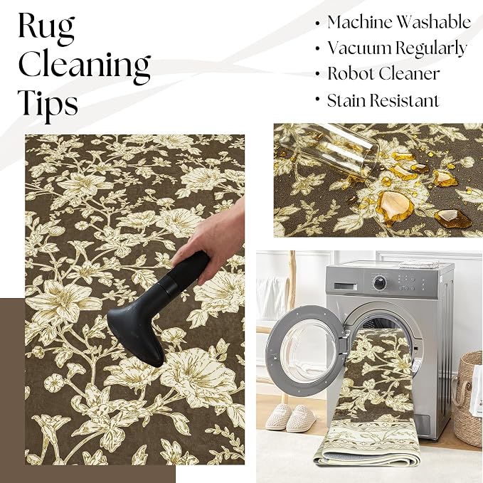 Extra Large Browm Area Rug for Living Room 10x14, Floral Dining Room Rugs for Under Table, Washable Soft Non Slip Low Pile Carpet for Large Bedroom Brown with Beige Cream Khaki Floral Design 10 x 14