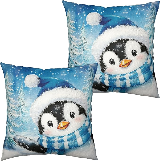 Winter Decorative Pillow Covers 16x16 Penguin Pillow Case Set of 2 Blue Winter Cotton Linen Cushion Case for Holiday Decorations Couch Outdoor Living Room
