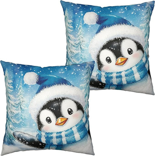 Lovely Penguin Pillow Case 18x18 Winter Decorative Pillow Covers Set of 2 Blue Winter Cotton Linen Cushion Case for Holiday Decorations Couch Outdoor Living Room