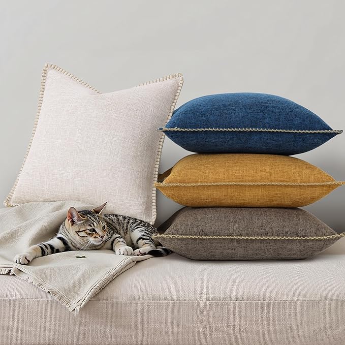 decorUhome Summer Decorative Throw Pillow Covers 12x20 Set of 2 Lumbar Faux Linen Outdoor Neutral Farmhouse Pillow Covers with Stitched Edge for Couch Sofa Living Room, Beige