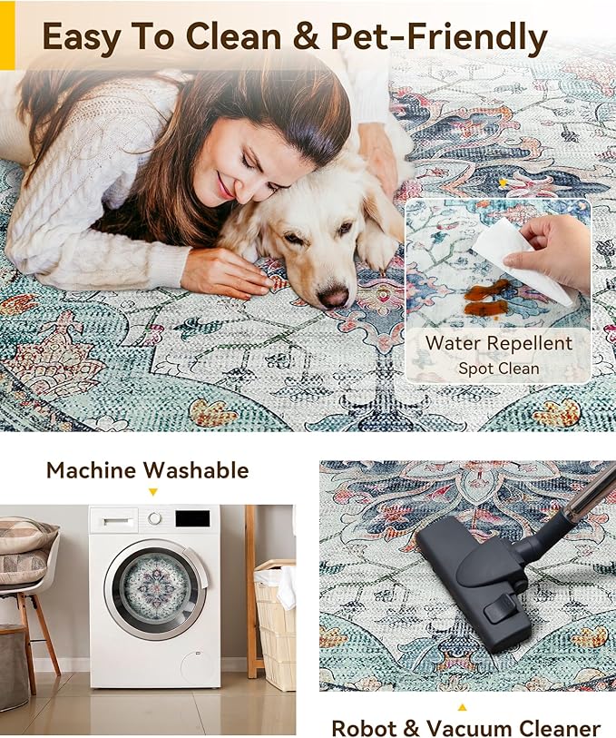 RELEANY Area Rugs 6ft Washable Non-Slip, Floral Vintage Distress Print Pattern Medallion Carpet for Living Room Bedroom Dining Room, Green Navy Blue White Red Teal Colorful