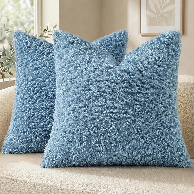 decorUhome Pack of 2 Throw Pillow Covers 22x22 Inch, Faux Fur Decorative Sherpa Pillow Covers Fuzzy Accent Soft Sheepskin Fleece Pillow Cases for Couch Living Room Bed, Light Blue