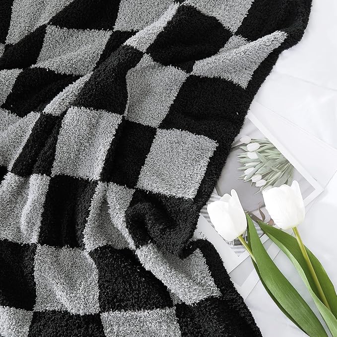 WRENSONGE Soft Twin Size Checkered Blanket for Bed-Cozy Knitted Blankets | Lightweight Fluffy Warm Decor for Women, Mom, Her & Girls, Sofa, Chair, Couch, 60x80in, Black Grey