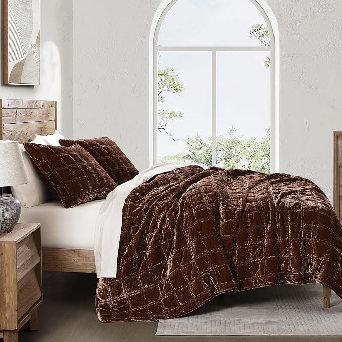 HiEnd Accent Stella Faux Silk Velvet Double Box Stitch 3 Piece Quilt Set, King Size, Copper Brown Solid Color, Classic Chic Modern Rustic Elegant Bedding Set, Lightweight Bed Set