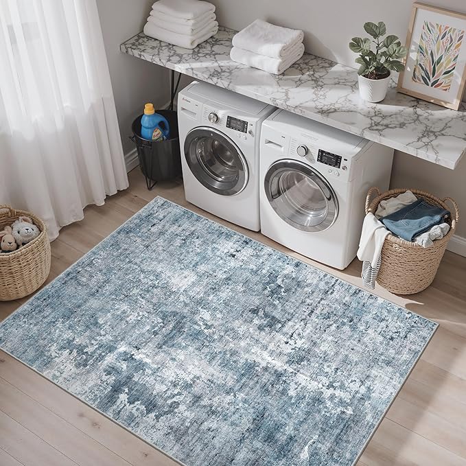 Soalmost 3x5 Rug, Small Area for Kitchen, Entryway, Machine Washable Non-Slip Throw Rug, Vintage Carpet for Nursery Coffee Table Blue