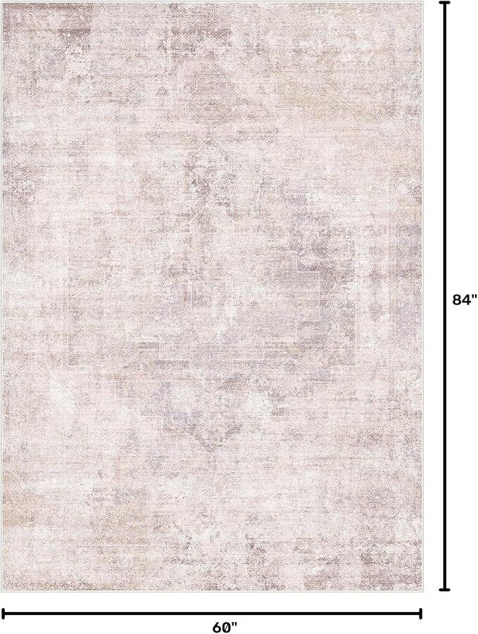 Hazo Haus Modern Pink and Grey 5x7 Area Rugs for Bedroom - Abstract Living Room Rug, for Dining Room Under Table, Washable, Non Slip & Soft, Medallion Distressed Print Pattern