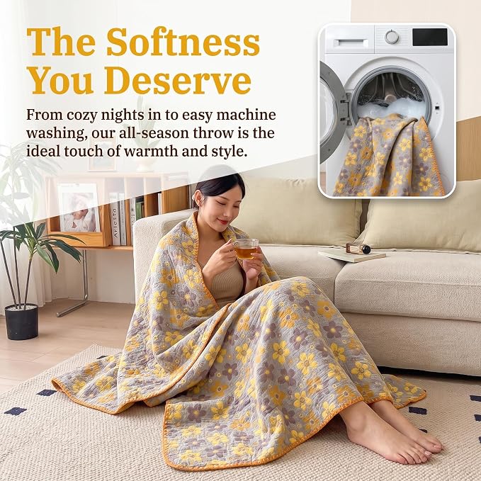 NIDITW Checkerboard Cotton Muslin Throw Blanket for Couch 6-Layer Checkered Gauze Blanket Soft Breathable All Season for Couch Bed Sofa (Yellow Flowers, Queen)