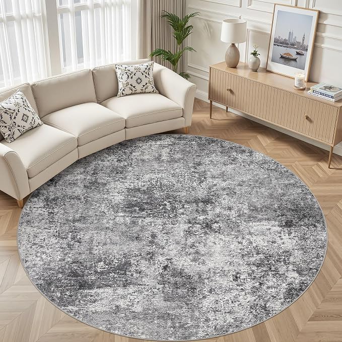 DMOYEST 10ft Round Area Rug Living Room Rugs - 10x10 Washable Circle Rug Large Soft Indoor Neutral Modern Abstract Low Pile Carpet for Bedroom Dining Room Farmhouse Home Office - Grey