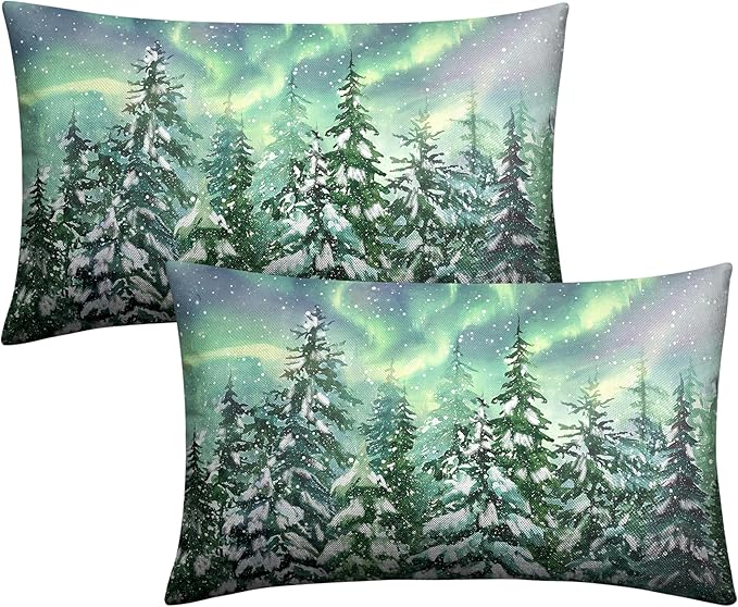 Winter Aurora Lumbar Pillow Covers 12x20 Set of 2 Snowy Pine Tree Throw Pillow Covers Green Polar Light Forest Pillow Case Rectangular Cushion Case for Home Decor Couch Sofa