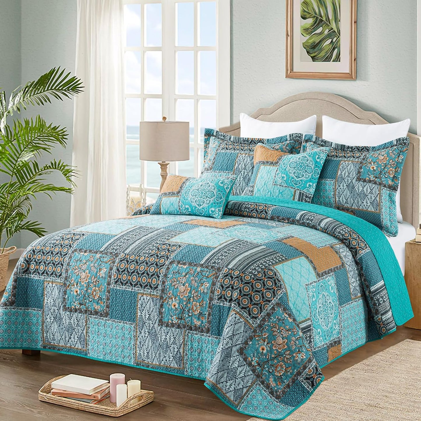VAPUTAR King Size Quilt Bedding Set - Soft Cotton King Size Bedspreads (98 * 106 in) - Lightweight Patchwork Floral Quilts for Farmhouse Bedroom (Teal/Green Chic, 3 Pieces)