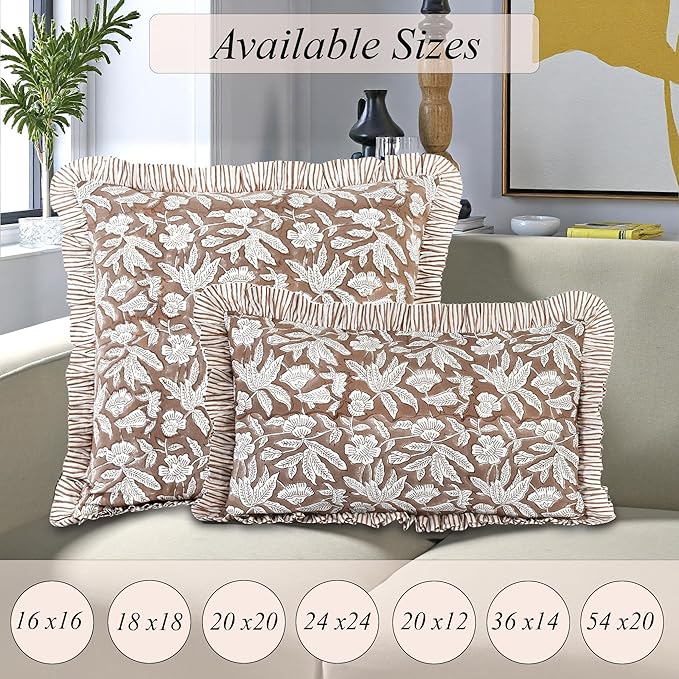 Ridhi Block Print Oak Brown Throw Pillow Cover 24" x 24" (Pack of 2) Decorative Cushion Covers with Ruffle for Couch, Sofa, Bed, Living Room, Home Decor Gift for Spring, Easter, Valentine