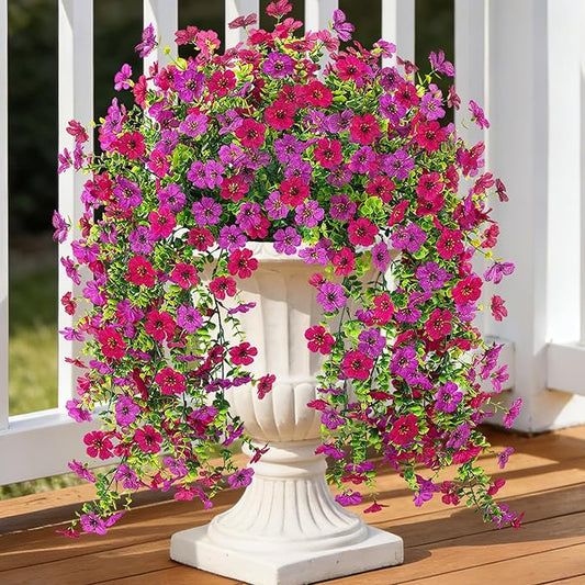 Ammyoo 2Pcs Fake Hanging Flowers for Outdoor Decoration Artificial Hanging Flowers Realistic Daisy Plants UV Resistant, Faux Silk Flower for Porch Patio Window Box Outside Decor(Fuchsia Purple)