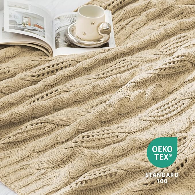 Amélie Home Chunky Knit Throw Blanket, Dual-Sided Soft Chenille Breathable Cable Knitted Blanket for Couch, Farmhouse Decorative Throw for Sofa & Chair, 60"x80", Beige