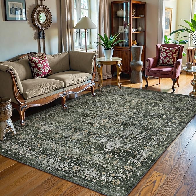 Lahome Margot Vintage 5x7 Area Rugs - Washable Non-Slip Boho Living Room Rugs for Under Table, Green Low Profile Soft Faux Wool for Bedroom, Dinning Room, Nursery, Playroom