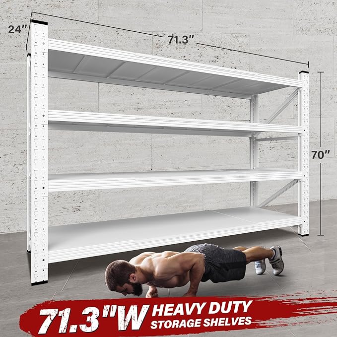 71.3" Wide Heavy Duty Garage Shelving Units,5000LBS Deep Storage Shelves,White Metal Garage Shelves,Steel Shelf,Large Storage Rack,Industrial Shelving for Shop,Warehouse,Basement,71.3"W x 24"D x 70"H