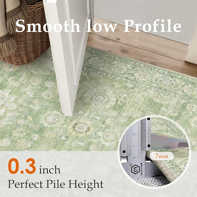 2x3 Green Washable Area Rug for Entryway Neutral Floral Soft Non Slip Small Carpet Low Pile Distressed Door Mat for Entrance Bathroom Bedroom Indoor