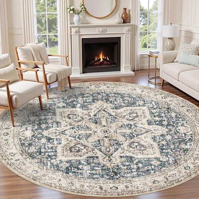 Tortania 10' Round Area Rug Living Room Rugs - Washable Boho Rug Vintage Oriental Distressed Farmhouse Large Thin Indoor Carpet for Bedroom Under Dining Table Home Office - Cream/Blue