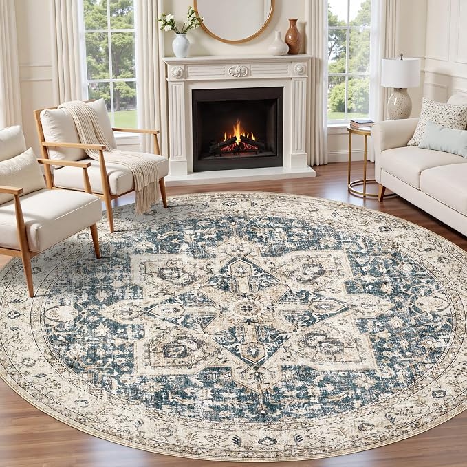 Tortania 6' Round Area Rug Living Room Rugs - Washable Boho Rug Vintage Oriental Distressed Farmhouse Large Thin Indoor Carpet for Bedroom Under Dining Table Home Office - Cream/Blue