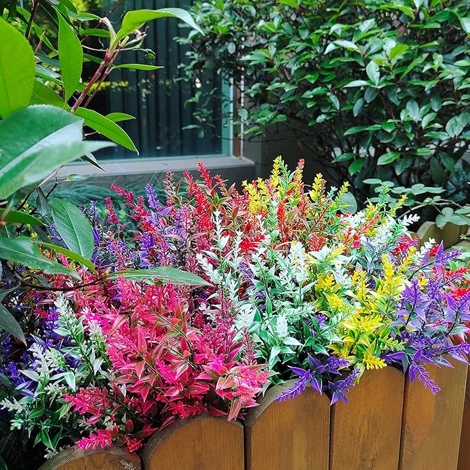 WEAUSUP 21 Bundles Faux Plants Outdoor Fake Flowers Artificial Flowers Fake Shrubs Greenery Bushes Bouquet UV Resistant Faux Bushes Plastic for Home Garden Decor (7 Colors)