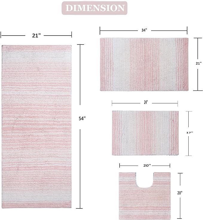 Home Weavers 100% Cotton Gradiation Collection Bathroom Décor | Washable Rug | Bathroom Mat | Kitchen Mat | Bathroom Rug Set | Bath Mat Set | Bath Floor Mat Non Slip, 4 Piece Set with Runner, Pink