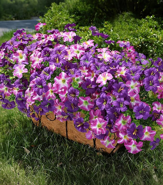 Artificial Flowers for Outdoors Fake Plants Outside Decoration, 20 Bundles Silk Petunia with Eucalyptus UV Resistant Realistic Faux Flowers for Outdoor Planters Garden Balcony Yard Porch Patio, Mix