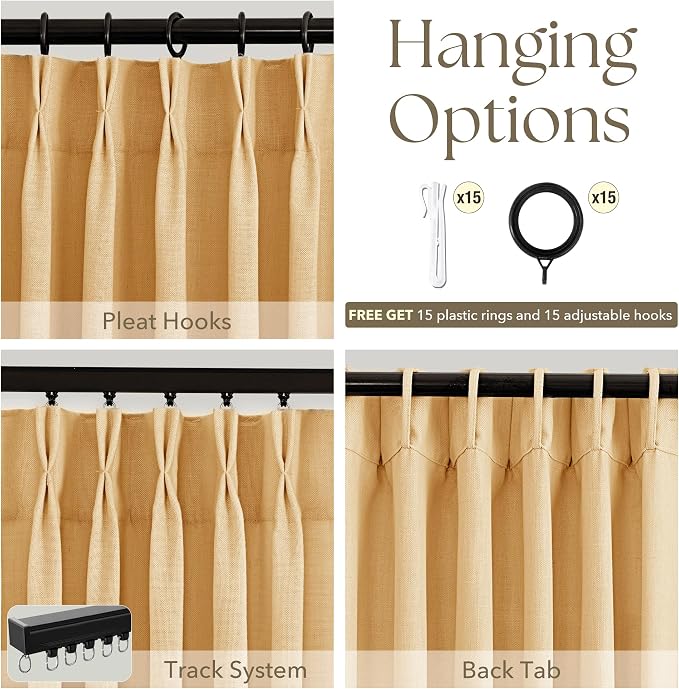 Pinch Pleated Mustard Yellow Linen Curtains 84 inches Long for Living Room 2 Panel Set Light Fitering Semi Sheer Yellow Window Curtain Pleat with Hooks Rustic Farmhouse Bedroom Drapes Length 84"