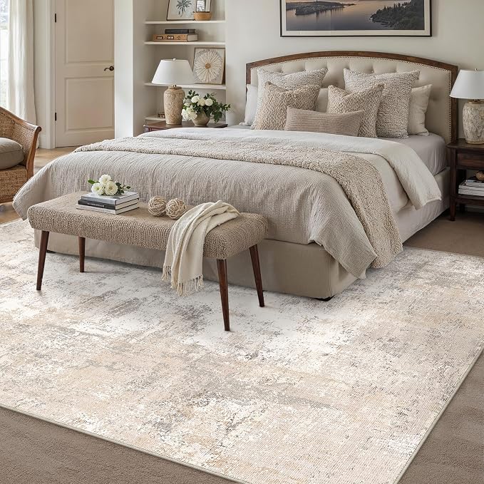 8x10 Washable Area Rug Beige Grey Abstract Living Room Bedroom Carpet Neutral Modern Non Slip Medium Pile Thicker Indoor Large Throw Rug for Dining Room Office
