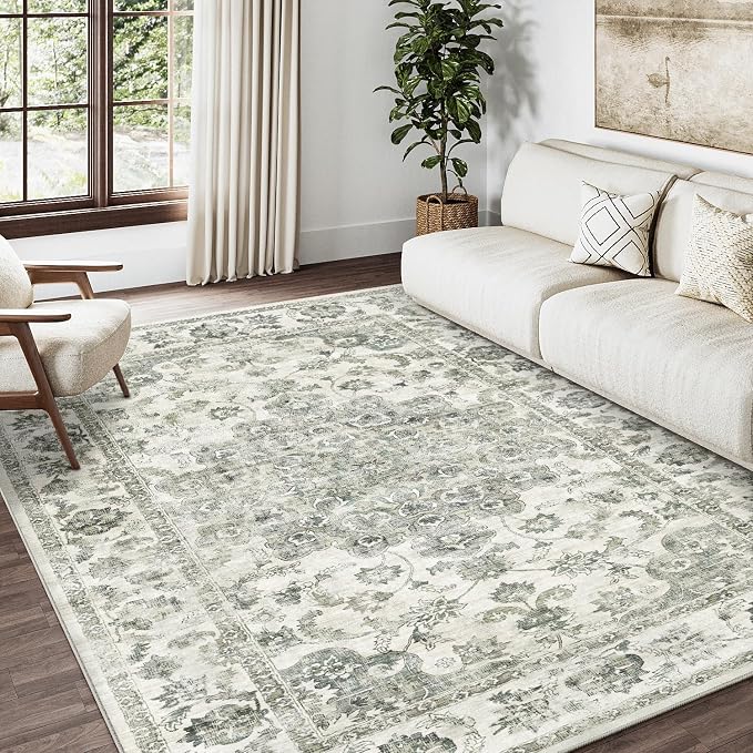 4x6 Washable Neutral Area Rug Green Vintage Entryway Office Carpet Non-Slip Soft Low Pile Farmhouse Throw Rug for Entrance Living Room Bathroom Dining Room