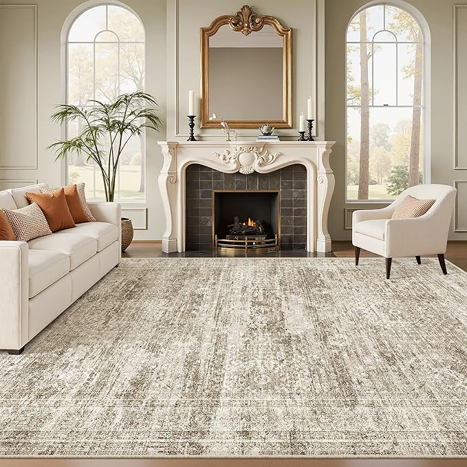 Soalmost Area Rug 10x12 Vintage Washable Living Room Large Carpet Non Slip Bedroom Indoor Office Dining Room Low Pile Thin Rug Brown