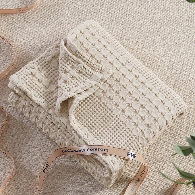 PHF 100% Cotton Waffle Throw Blanket for Couch, Lightweight Breathable and Soft for Summer, Luxury Aesthetic Waffle Weave Blanket for Home Decor & Office, Gifts for Women, 50"x60", Light Taupe/Oatmeal
