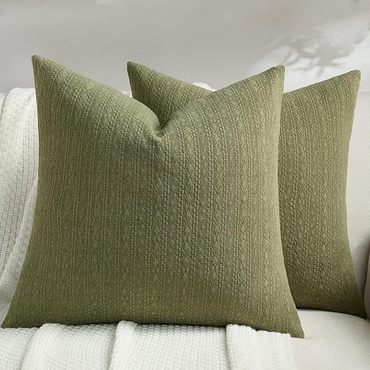FUTEI Moss Green Chenille Throw Pillow Covers 22x22 Inch Set of 2,Soft Striped & Diamond Textured Cushion Cases,Modern Home Decor for Couch Living Room