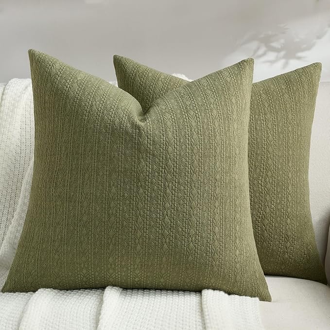 FUTEI Moss Green Chenille Throw Pillow Covers 20x20 Inch Set of 2,Soft Striped & Diamond Textured Cushion Cases,Modern Home Decor for Couch Living Room