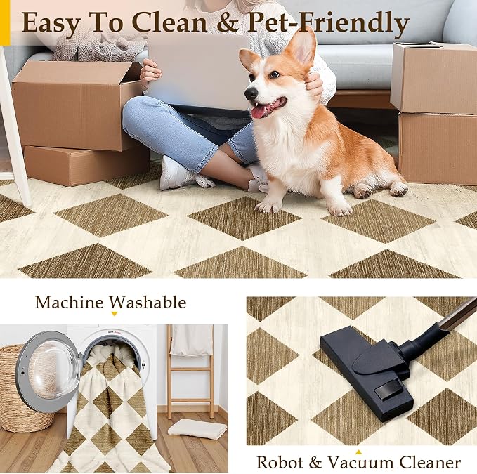 PureCozy 6x9 Checkered Area Rugs for Living Room Brown Machine Washable Large Rug Non-Slip Stain Resistant Low Pile Boho Accent Indoor Throw Carpet for Bedroom Dining Room Classroom