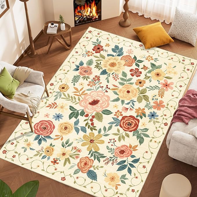 DUKINO 6x9 Area Rug, Floral Rugs for Living Room, Lightweight Non Slip Washable Rug, Indoor Low Pile & Non-Shedding Boho Design Rugs for Bedroom, Living Room, Dining Room, Beige Yellow