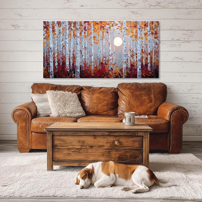 Ggaafet Birch Forest Wall Art for Living Room Canvas Oil Painting Prints Beautiful Moon Night Art Deco Modern Artwork Office Bedroom Family Dining Room Decor Large