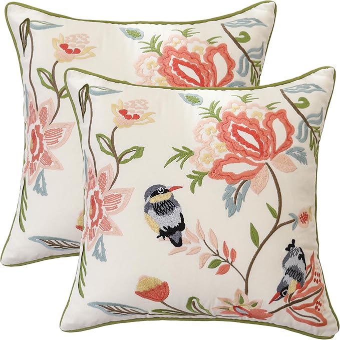 Embroidered Throw Pillow Covers 18x18 inch Pack of 2 Vintage Birds with Pink Flowers Farmhouse Pillow Cushion Cases Spring Summer Decorative Pillowcases Home Decor for Sofa Bed Living Room