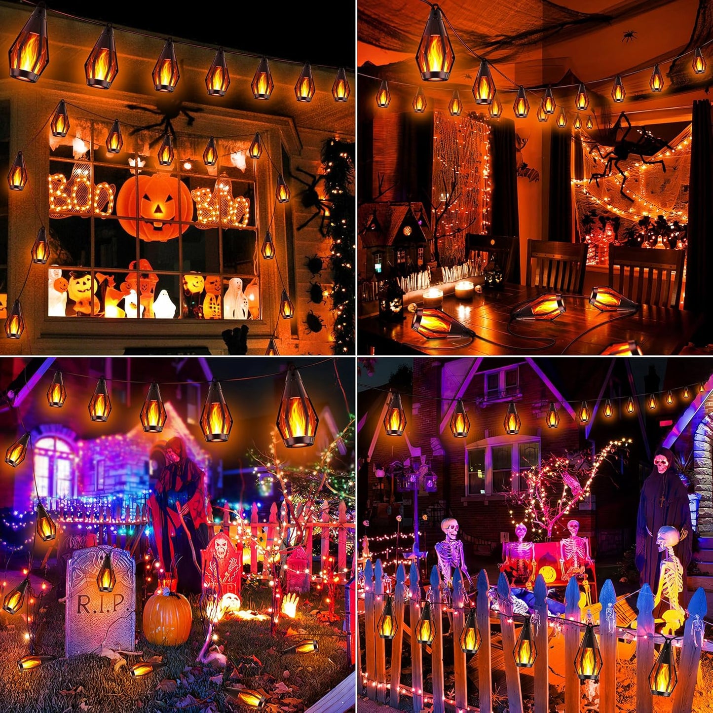 iBaycon Solar Halloween Lights, 42Ft 15 LED Bulbs Flickering Flame String Light, Outdoor Waterproof Solar Flame Lights for Garden Yard Patio Halloween Decorations (Warm White)