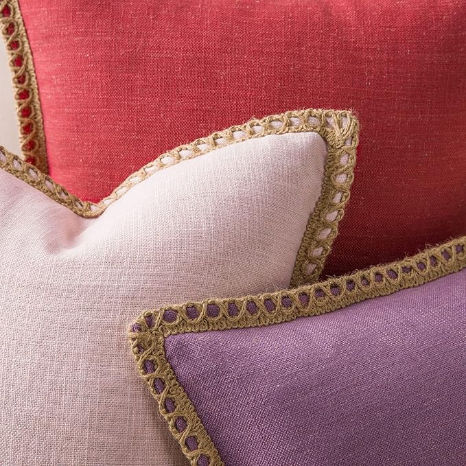 Phantoscope Pack of 2 Farmhouse Decorative Throw Decorative Pillow Cover Burlap Linen Trimmed Tailored Edges Red, Plain, 12 x 20 inches, 30 x 50 cm
