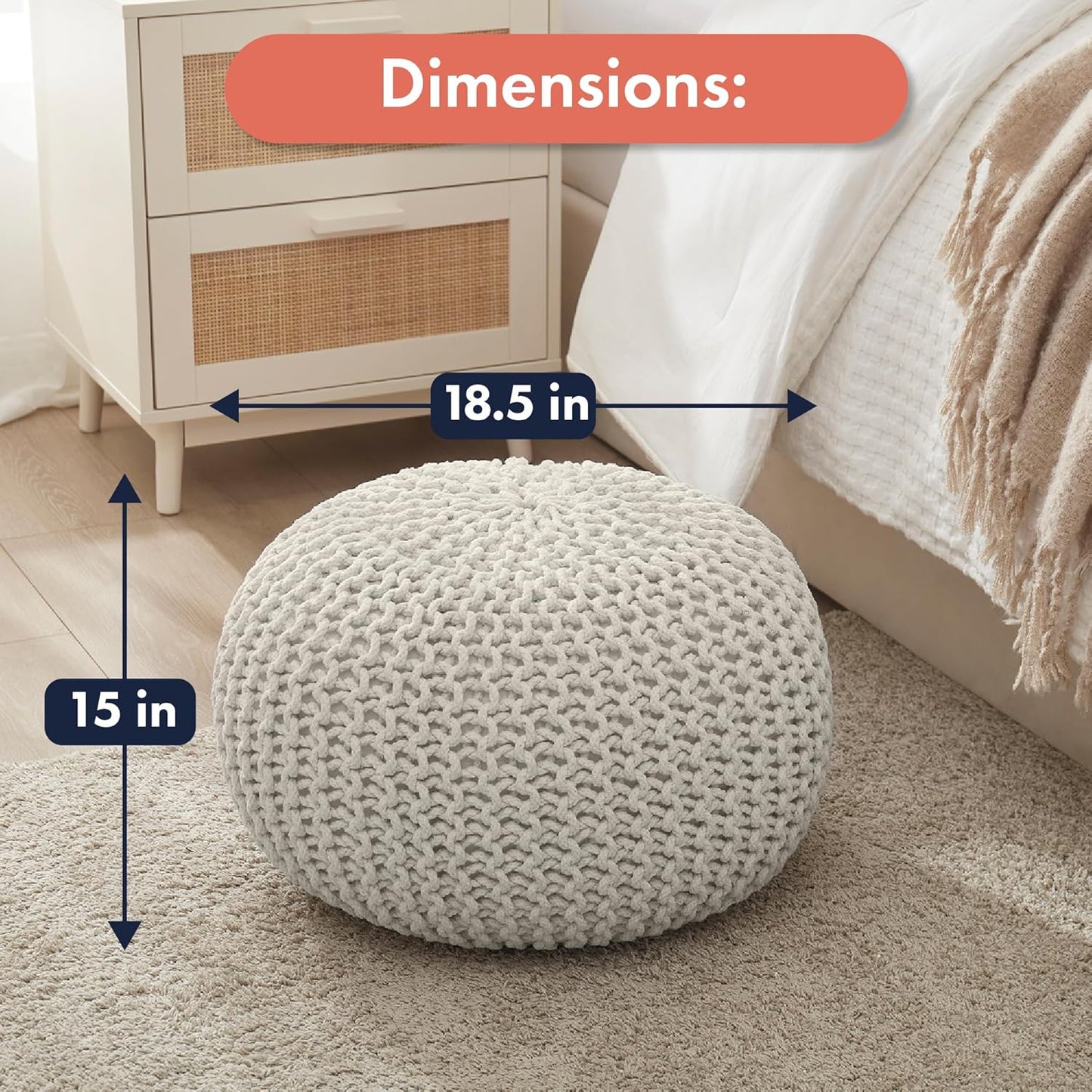 Ornavo Home Pouf Ottoman Foot Rest - 100% Cotton Pouffe - Hand Knitted Cable Braid Cord - Boho Round Stuffed Ottoman for Living Room, Bedroom - Natural