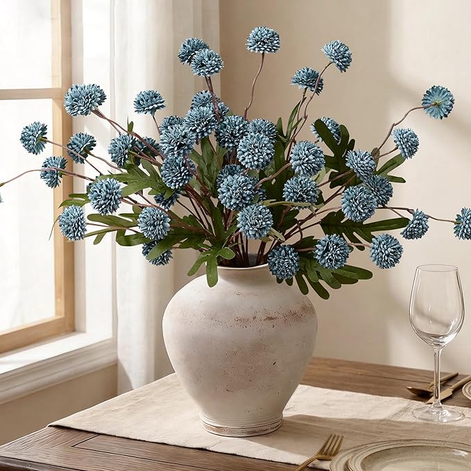 Waipfaru 10pcs Fake Silk Pompon Mum Artificial Flowers, Bulk Faux Mini Chrysanthemums, for Centerpieces Wedding Fillers Champagne Arrangements Shower Decorations, Blue