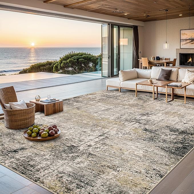 Area Rugs Living Room Rug - 5x7 Washable Modern Abstract Soft Neutral Non-Slip Carpet Large Indoor Floor Thin Carpets for Bedroom Dining Room Farmhouse Nursery Home Office Brown Black Grey