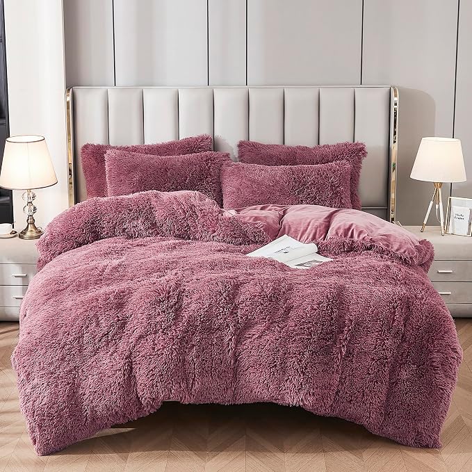 Faux Fur Velvet Fluffy Bedding Duvet Cover Set Down Comforter Quilt Cover with Pillow Shams, Ultra Soft Warm and Luxury (King, Dusty Rose)
