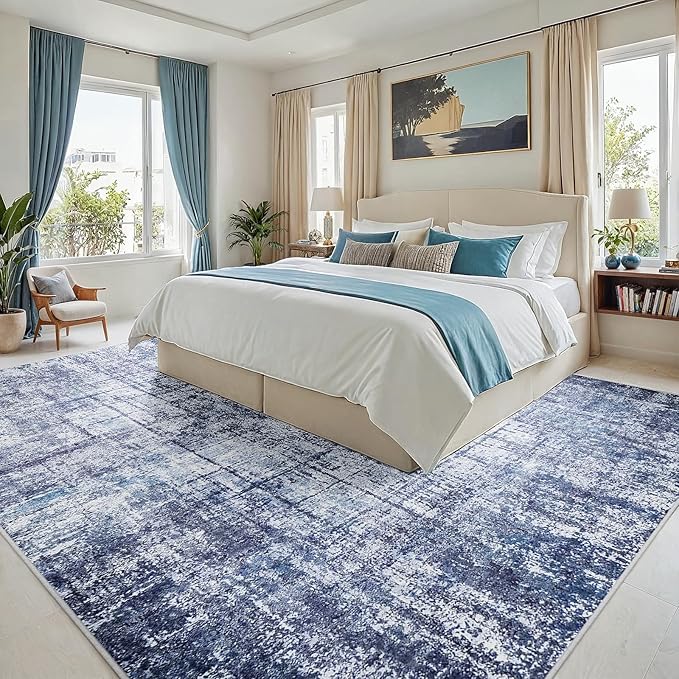 10x14 Area Rugs for Living Room Washable Rug: Anti-Skid Abstract Modern Living Room Rug Soft Thin Carpets Indoor Floor Non-Shedding Carpet for Bedroom Dining Farmhouse Nursery Navy Light Gray
