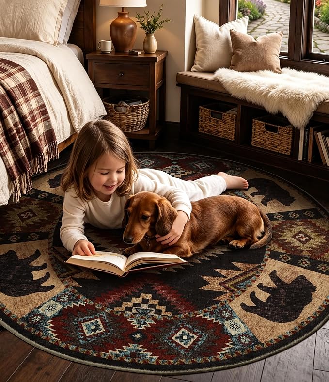 YIHOUSE Southwestern Round Rug 4ft, Low Pile Soft Circle Rug with Non-Slip Backing, Western Rustic Washable Rugs for Living Room, Bedroom