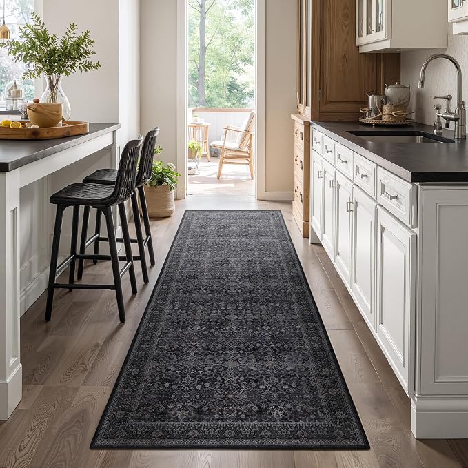 Dark 2'6''x8' Kitchen Runner Rug, Vintage Farmhouse Carpet Runners for Hallway 8ft Non Slip Washable, Low Pile Thin Entryway Runner Rug Indoor Foyer Mudroom Bathroom Bedroom, Midnight