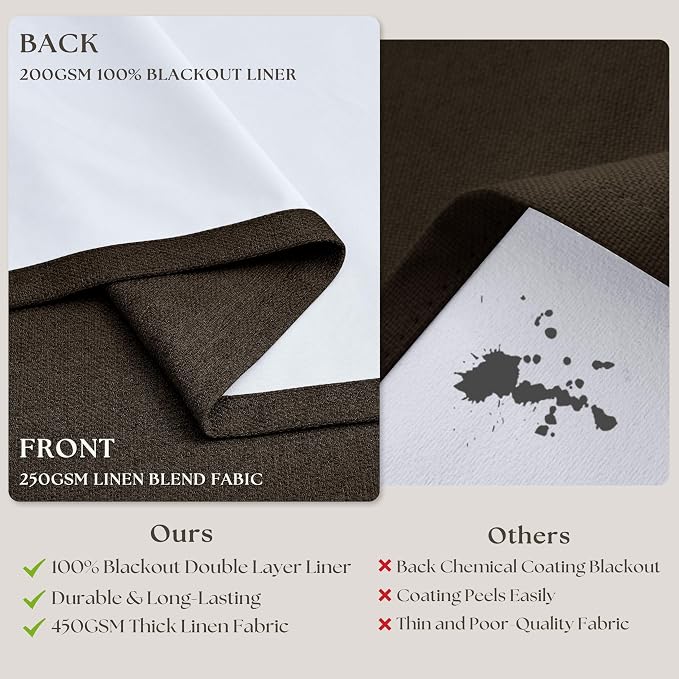 100% Blackout Linen 102 Inch Curtains 2 Panel Set for Bedroom Pinch Pleated Dark Brown Chocolate Linen Insulated Heavy Curtain 40 x 102 Inches Length Sliding Glass Door Room Darkening Drapes