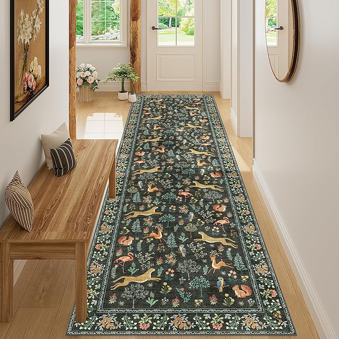 DUKINO 3x10 Washable Runner Rug for Hallway, Lightweight Loog Kitchen Rug with Low Pile Design, Vintage Animal Non Shedding Thin Indoor Carpet for Entryway, Bathroom, Bedroom, Laundry Room, Black