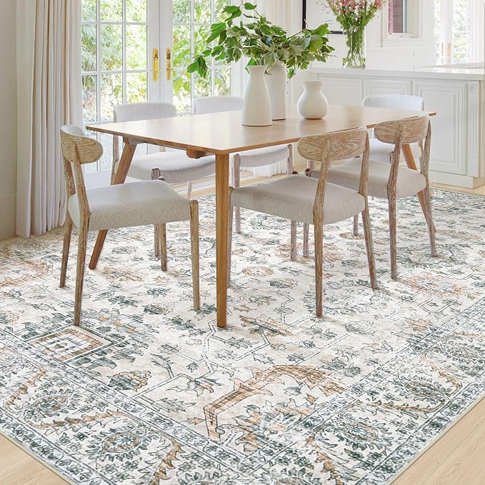XLUEZ Area Rug 8x10 Living Room Rug, Machine Washable Vintage Distressed Boho Area Rug Non-Slip Soft Low Pile Large Indoor Rugs for Bedroom Kitchen Dining Room Office(Brown Green,8'x10')